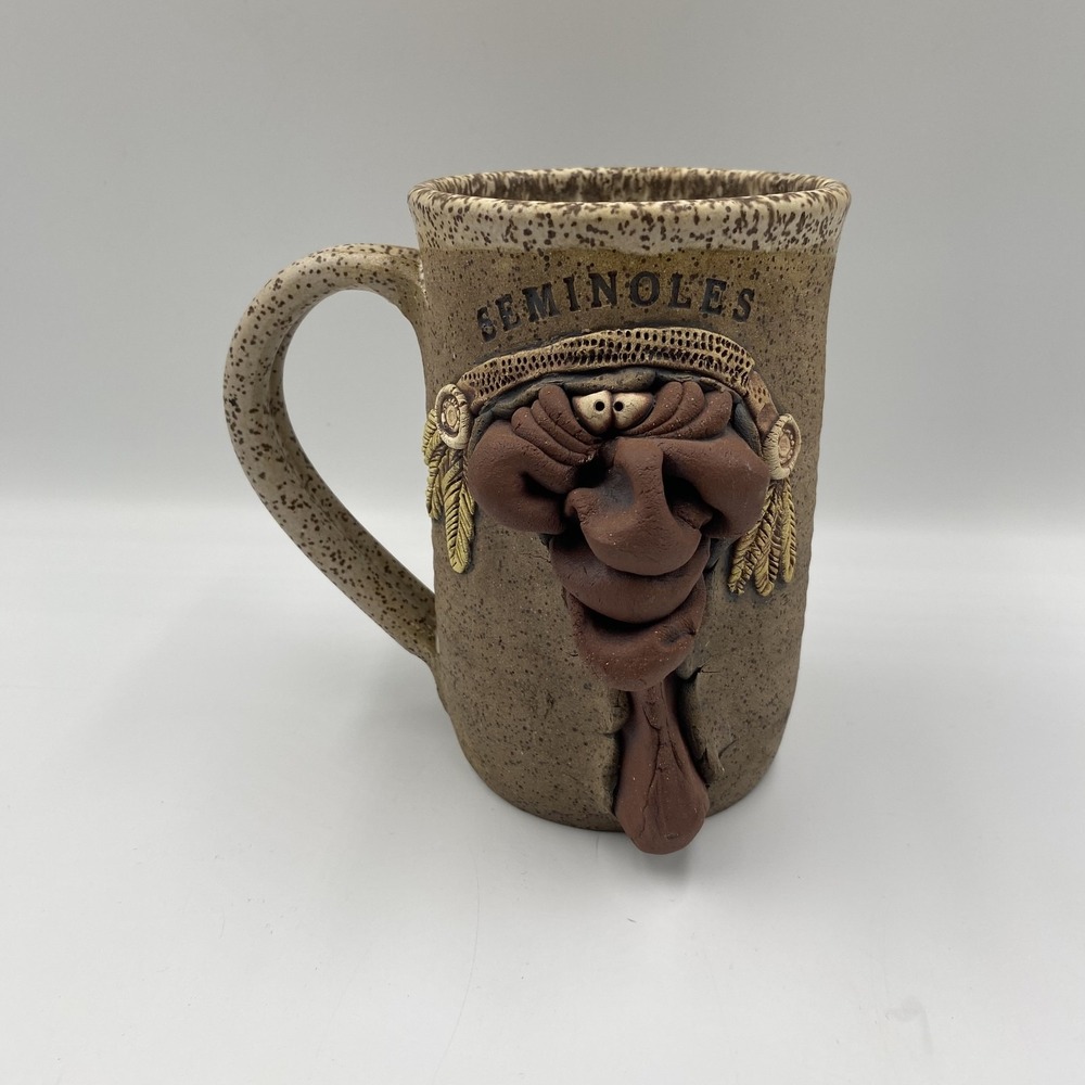 Vintage 1993 Seminoles Pottery Mug Handmade Thor USA Clay Face Art Cup 6" Tall‎